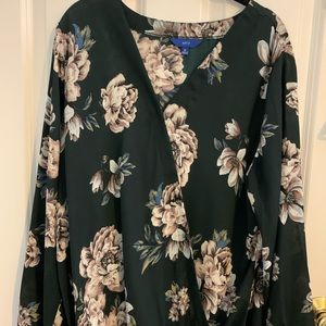NWT Deep green floral faux wrap shirt